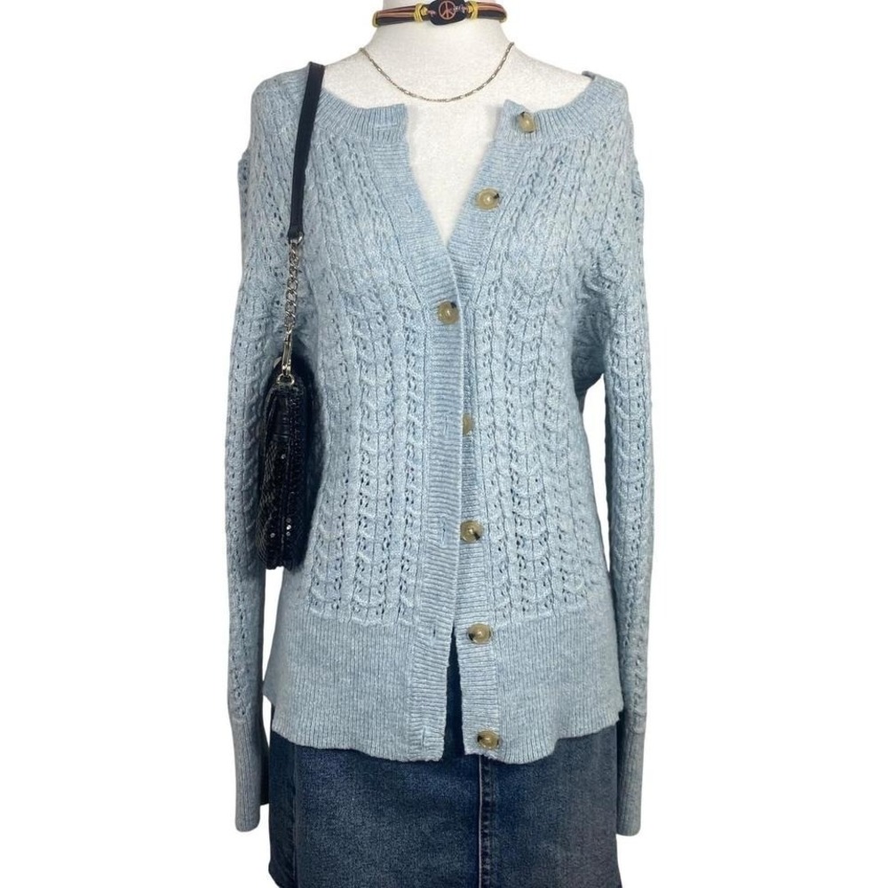 Croft & Barrow Cardigan Sweater Womens Medium Blue Pointelle Cable Knit Cottage
